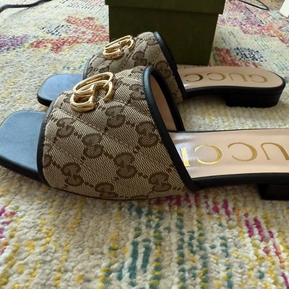 Gucci Women's Tan GG Logo Mules with Gold Accent - Picture 6 of 13